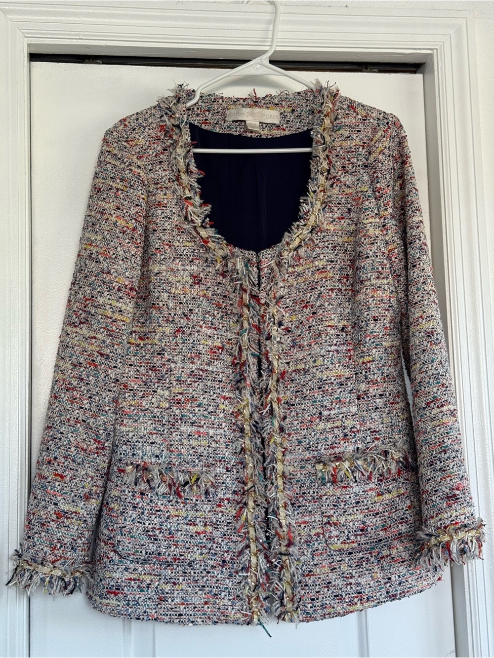 Boston Proper Multicolored Tweed Fringe-Trim Blazer